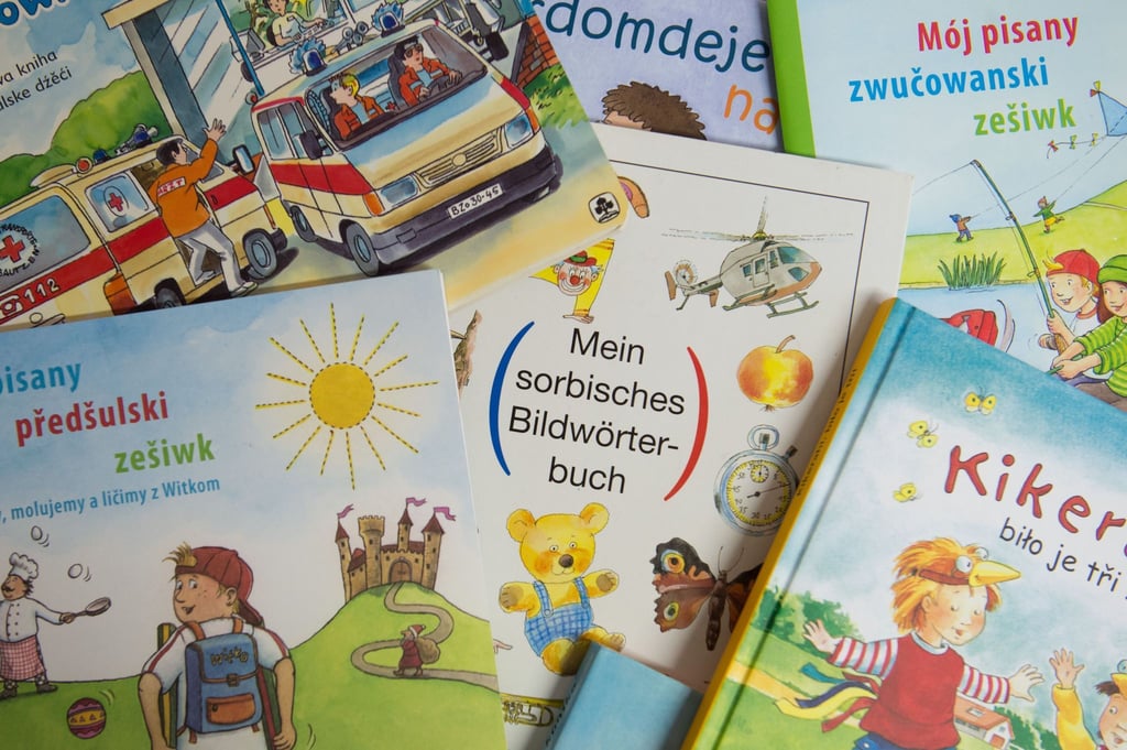 Bücher in sorbischer Sprache für Kinder im Vorschulalter liegen auf einem Tisch.