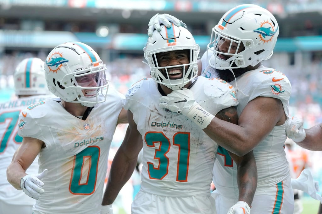 Raheem Mostert (M) jubelt mit seinen Teamkollegen Braxton Berrios (l) und Christian Wilkins (r) über seinen Touchdown.