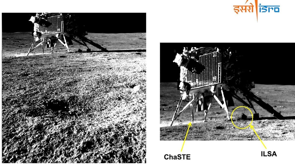 Dieses von der Indischen Weltraumforschungsorganisation (ISRO) zur Verfügung gestellte Bild zeigt den Lander aus Perspektive des Rovers.