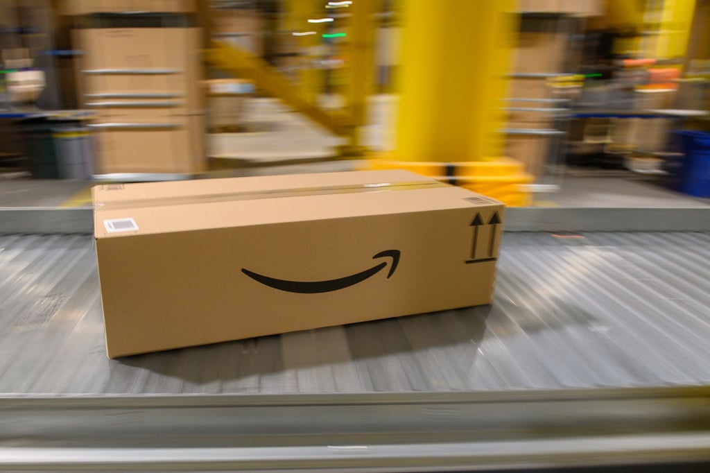 Paket auf einem Förderband im einem Amazon-Logistikzentrum.