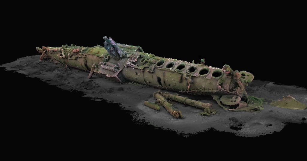 Eine Illustration zeigt das 3D-Modell des 1919 vor Helgoland gesunkenen U-Boots „UC 71“.