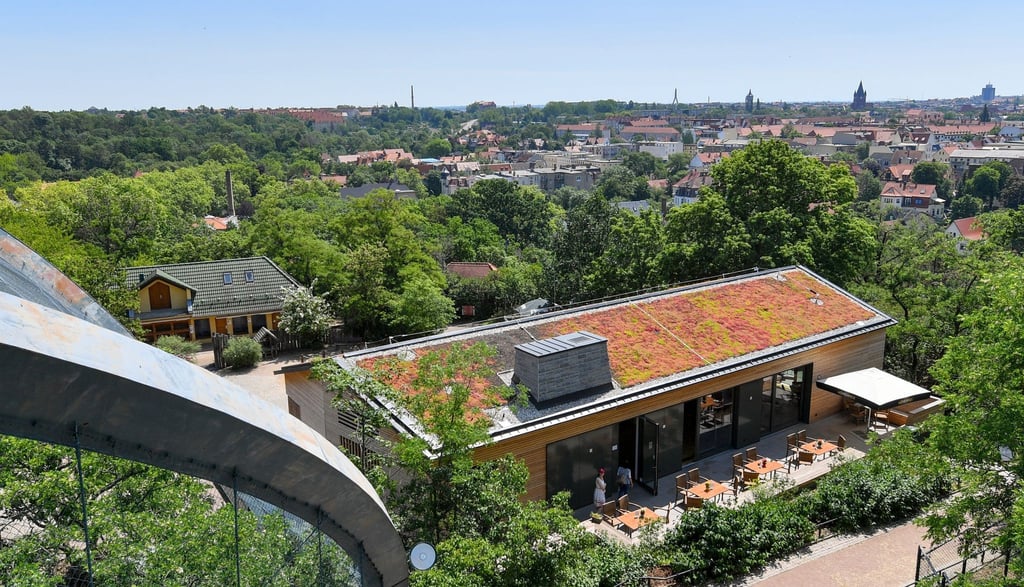 Blick vom Aussichtsturm im Bergzoo Halle/Saale auf das Zoogelände.