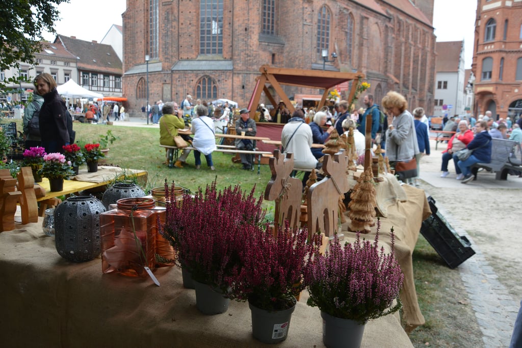 Der Winckelmannplatz an der Stendaler Marienkirche bot ausreichend Platz für die Stände und für Tische und Bänke, an denen die Besucher den Tag genießen konnten.