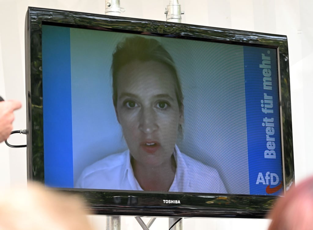 Alice Weidel, AfD-Bundesvorsitzende, in einer Videobotschaft bei einer Wahlkampf-Veranstaltung.