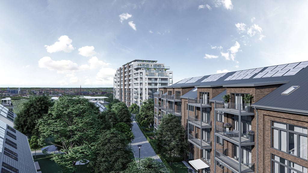 Die ehemalige SED-Parteischule an der Klosterwuhne in Magdeburg soll zum Wohnquartier werden. Dafür werden denkmalgeschützte Gebäude saniert (rechts im Bild), aber auch ein Neubau sowie Grünflächen und ein Parkhaus sollen entstehen.