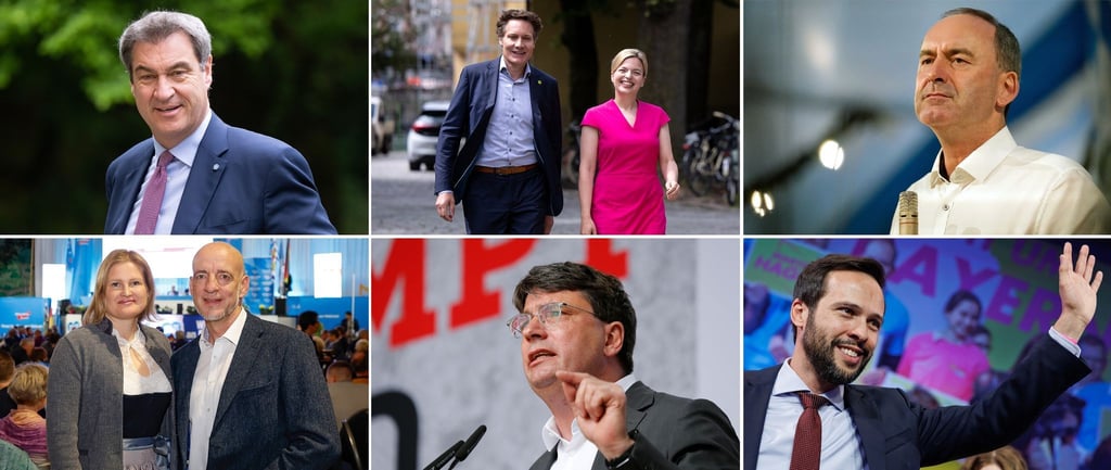Markus Söder (CSU, oben l-r), Ludwig Hartmann und Katharina Schulze (Bündnis 90/Die Grünen), Hubert Aiwanger (Freie Wähler), Katrin Ebner-Steiner und Martin Böhm (AfD), Florian von Brunn (SPD) und Martin Hagen (FDP).
