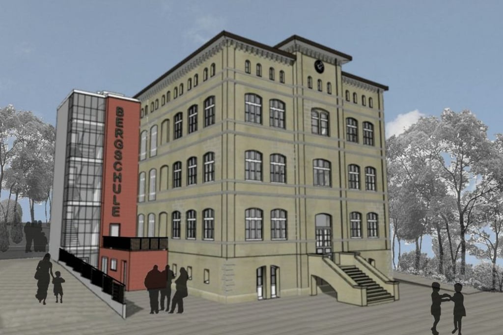 So soll die Bergschule Bad Kösen nach dem Umbau aussehen. Ein Fahrstuhlturm verbindet den Alt- mit dem dahinter liegenden DDR-Bau.