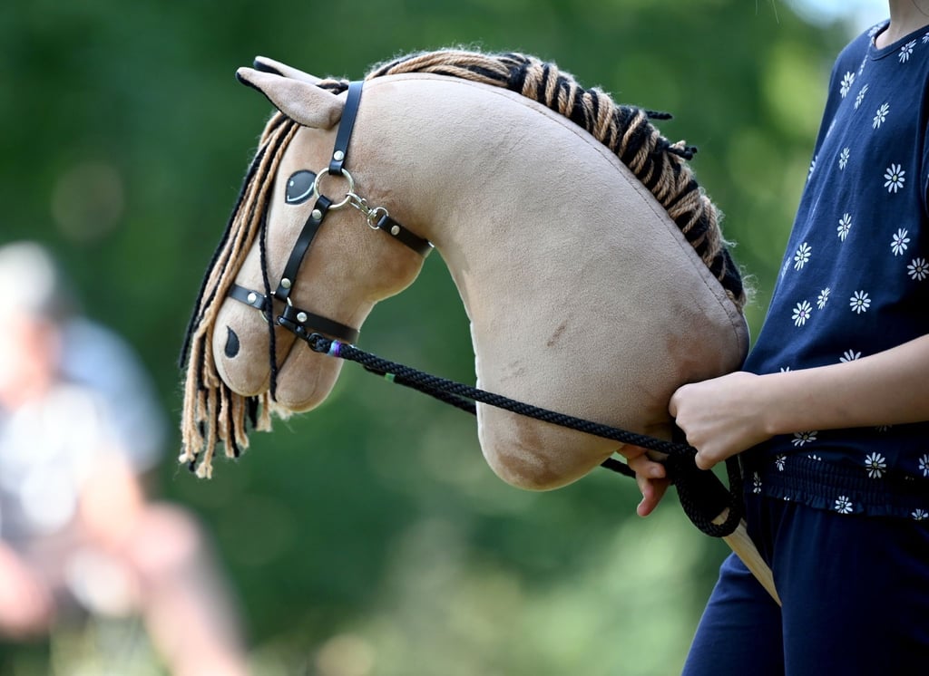 Ein Mädchen mit ihrem Steckenpferd im Berliner Volkspark Wuhlheide.