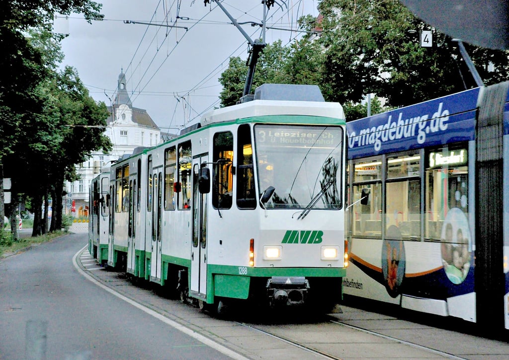 Eine Tatra-Bahn fährt durch die Olvenstedter Straße in Magdeburg. Der derzeitige Zehn-Minuten-Takt steht in Zeiten von Sparzwängen und hohen Zuschüssen an die MVB zur Disposition.