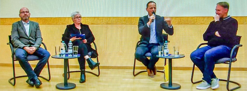 Noch bis zur Wahl ist die Liveübertragung der Vorstellungsrunde der Bewerber für das Amt des Verbandsgemeindebürgermeisters (v.l.) Martin Francke, Michaela Kämpfert, Stefan Crackau und Daniel Schwarzkopf zu sehen.