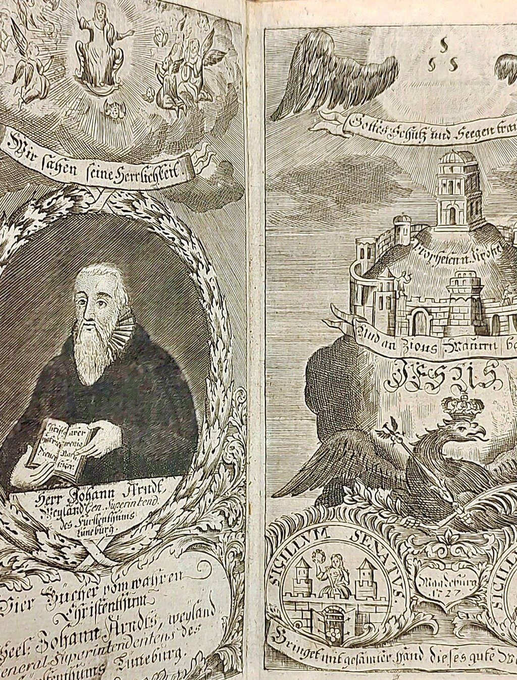 Johann Arnds „Vier Bücher vom Wahren Christentum“ ist eines der Bücher der ehemaligen Bibliothek. Der Schenker war der Mühlinger Huf- und Waffenschmied Johann Caspar Baurmeister.