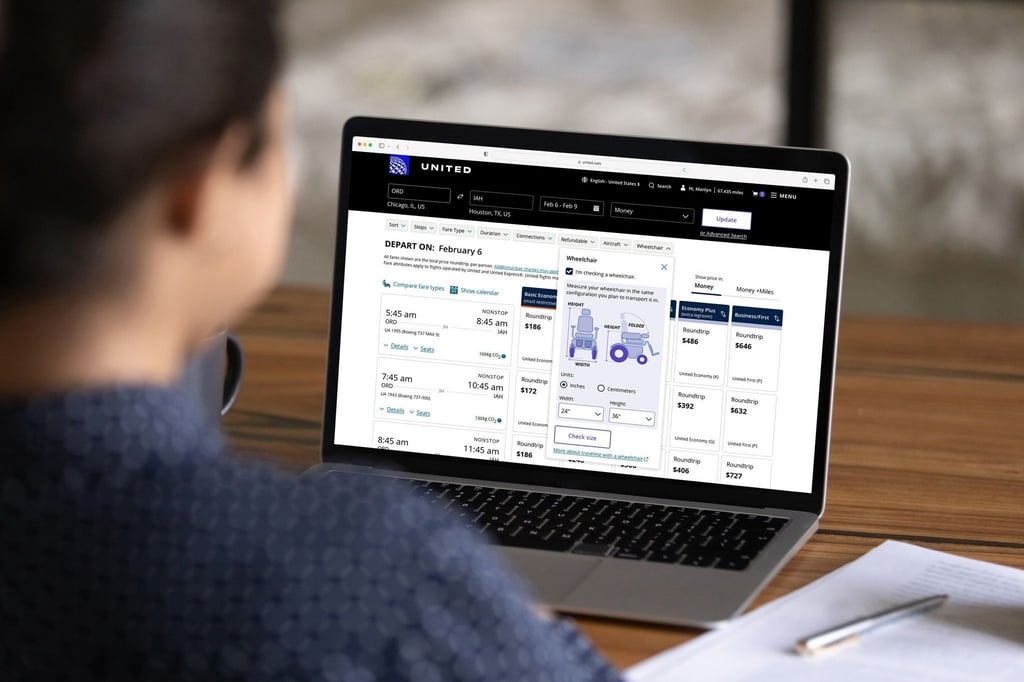 Ein neuer Filter in der Flugsuche von United Airlines soll künftig sicherstellen, dass das eingesetzte Flugzeug für den Transport des Rollstuhls geeignet ist.