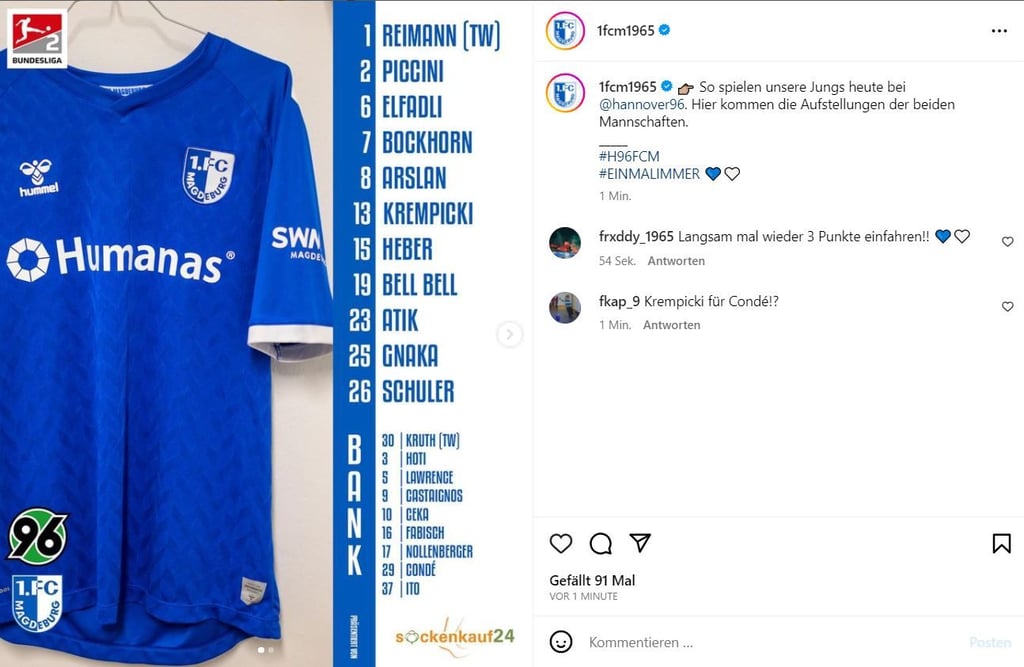 Die Aufstellung des 1. FC Magdeburg gegen Hannover 96.