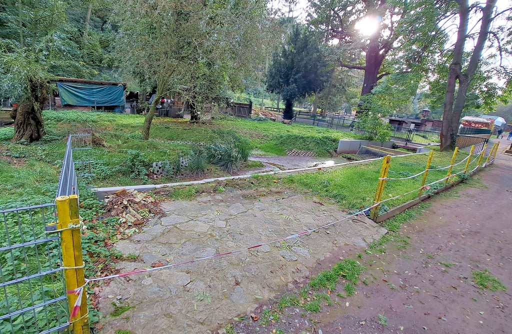 Baustelle am alten Ententeich Im Tierpark Walbeck wird der Teich für