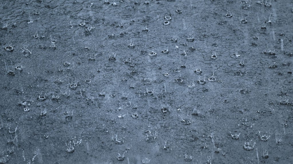 Starkregen prasselt während eines Gewitters auf eine Straße.