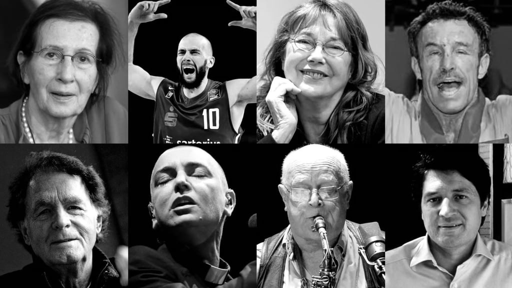 Todesfälle im Juli/August 2023 (o.v.l.): Heide Simonis, Dennis Kramer, Jane Birkin, René Weller; (u.v.l.): Michael Hansen, Sinead O'Connor, Ernst Ludwig Petrowsky, Christian Quadflieg