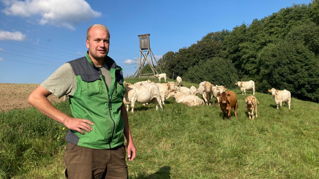 Bauer Patrick Schmelzer steht am Waldrand auf einer Harzer Bergwiese nahe der Ortschaft Schielo. Jeden Tag schaut er nach seinen Rindern. Bisher hat er mit Wölfen noch keine Probleme.