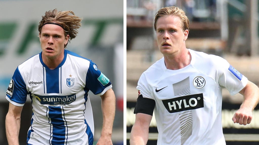 Thore Jacobsen im Trikot des 1. FC Magdeburg und seines aktuellen Vereins, dem SV Elversberg.