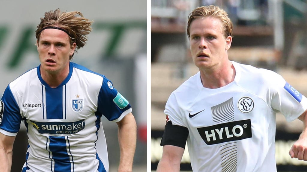 Thore Jacobsen im Trikot des 1. FC Magdeburg und seines aktuellen Vereins, dem SV Elversberg.