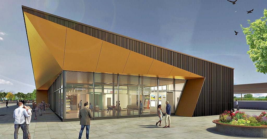 Mit Glas und Bernsteinoptik: So soll das Bahnhofsgebäude in Bitterfeld aussehen.