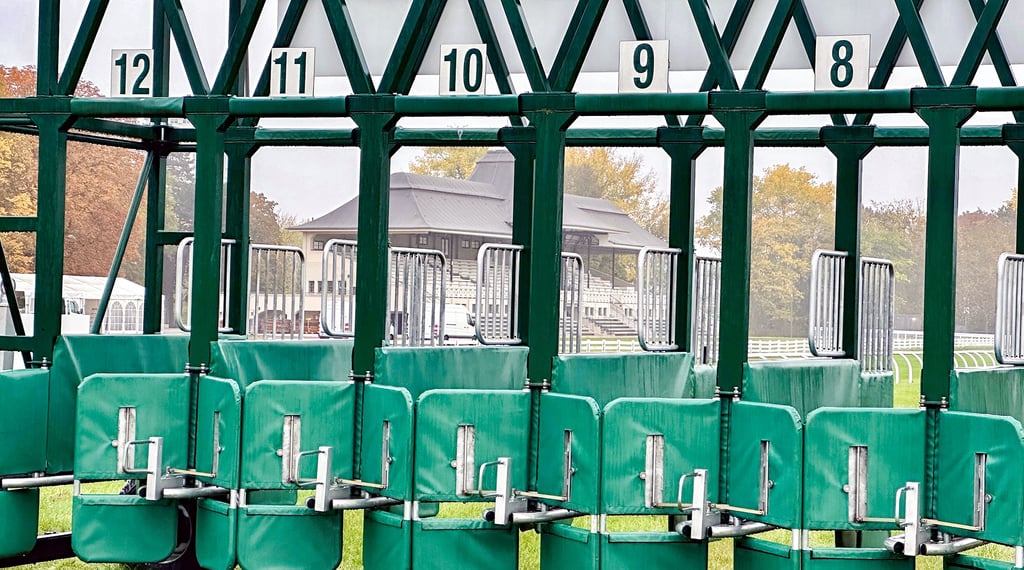 Blick durch die Startmaschine auf das schmucke Hauptgebäude der Galopprennbahn in Halle. Am Dienstag sind sieben Rennen angesetzt.
