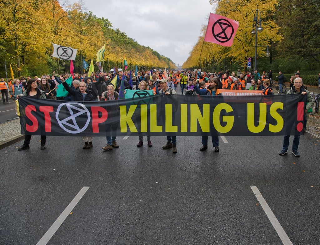 Umwelt-Aktivisten halten ein Plakat mit der Aufschrift "Stop Killing Us".