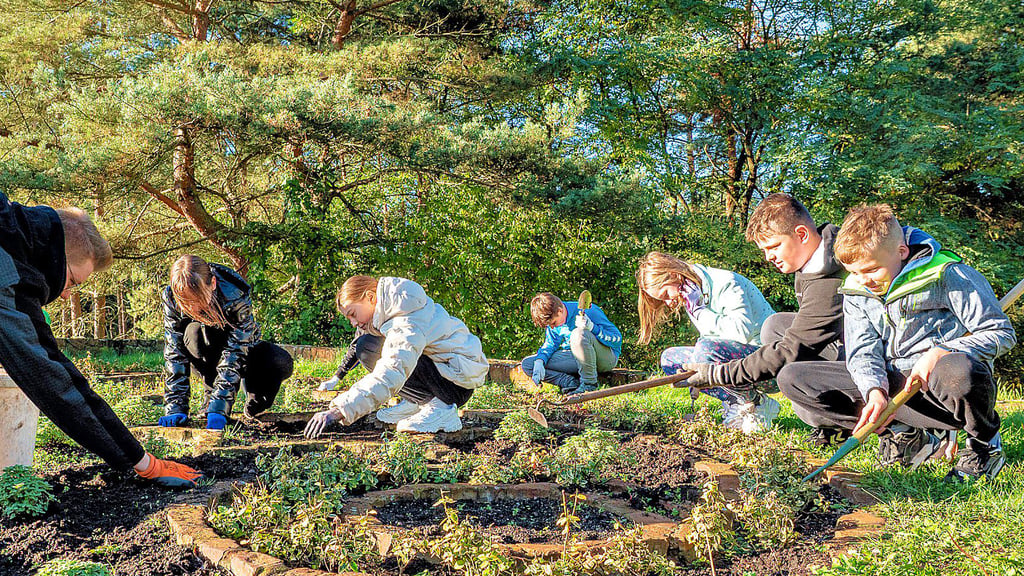 Schülerinnen und Schüler der Sekundarschule „Fritz Heicke“ befreien das lebendige Gommeraner Stadtwappen im Heidegarten von Unkraut und setzen neue Pflanzen, so dass es im Frühjahr wieder in den Farben der Stadt, Blau und Gelb, erstrahlen kann. Die Schule hat dafür schon seit Jahren die Patenschaft übernommen.