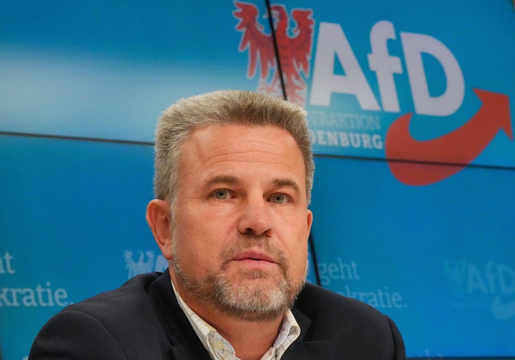 Philip Zeschmann, ehemals Fraktionsmitglied von BVB/Freie Wähler, spricht während einer Pressekonferenz der AfD im Brandenburger Landtag.