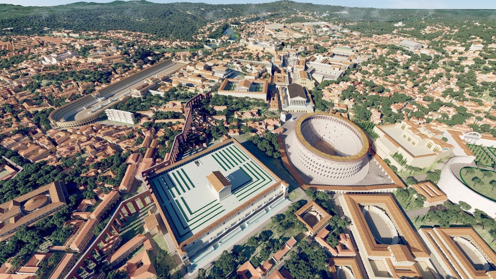 Das computergenerierte Bild zeigt eine Luftaufnahme des antiken Roms im Jahr 320 n. Chr. mit dem Kolosseum (M) als 3D-Rekonstruktion „Rome Reborn 4.0“.