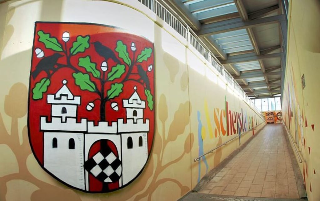 Das Stadtwappen im Graffiti des Jugendforums begrüßt Reisende in Aschersleben.