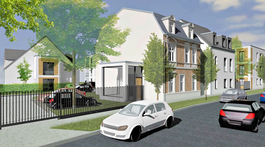 So sieht die Straßenansicht des Mehrgenerationenwohnen-Bebauungskonzeptes der Alten Getreidemühle in der Hagenstraße 22/23 aus.
