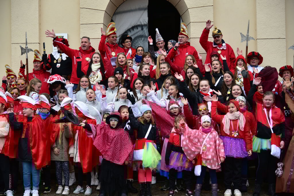 Auch in Nienburg haben es die Karnevalisten am 11.11. geschafft, den Rathausschlüssel zu erobern und feierten ihren Erfolg auf der Treppe.