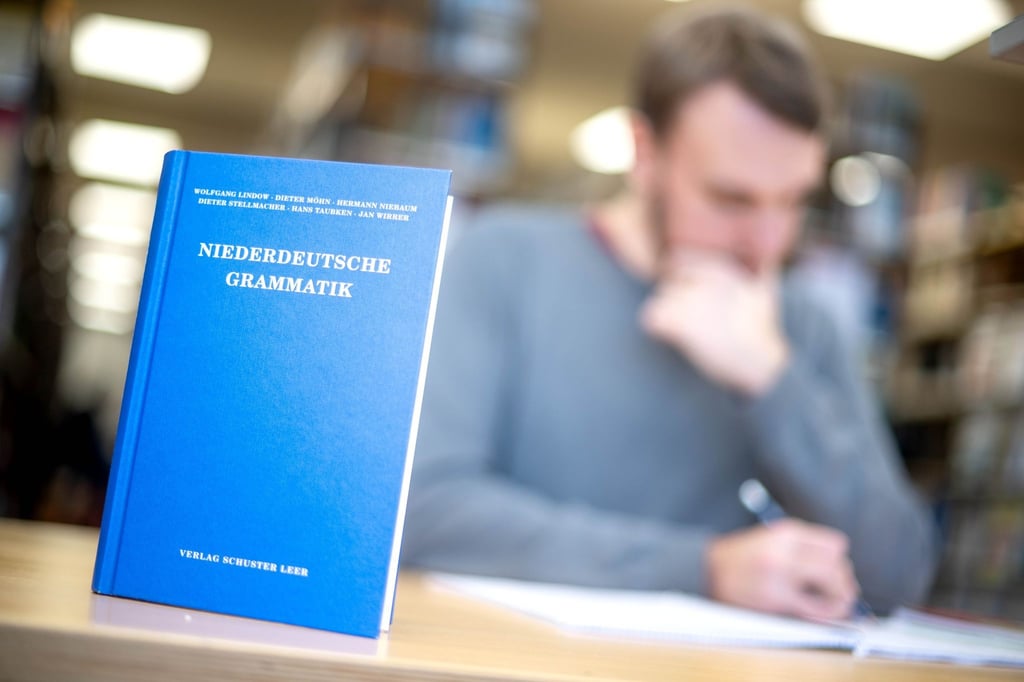 Ein Lehrbuch für die Niederdeutsche Grammatik steht in der Bibliothek der Carl von Ossietzky Universität auf einem Tisch.