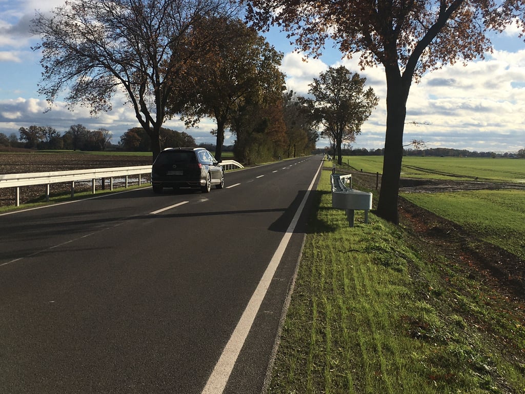 Der A14-Bypass zwischen Seehausen und Geestgottberg im Landkreis Stendal: Zum Komplettausbau gehören Leitplanken um Bäume. Es wurde die Struktur der einstigen Fernverkehrsstraße 189 aus DDR-Zeit, dann K1020, erhalten.