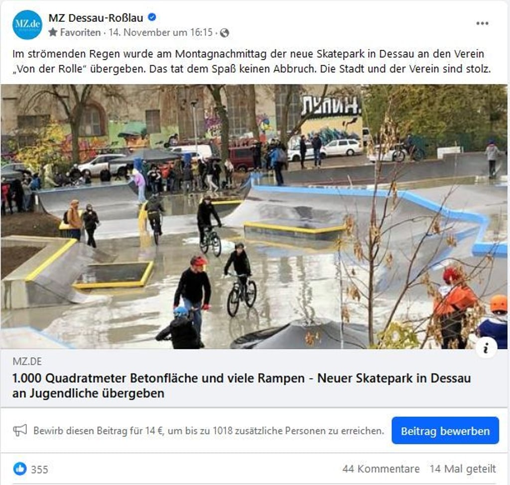 Der Facebook-Post über den neuen Skatepark erreichten über 35.000 Personen.