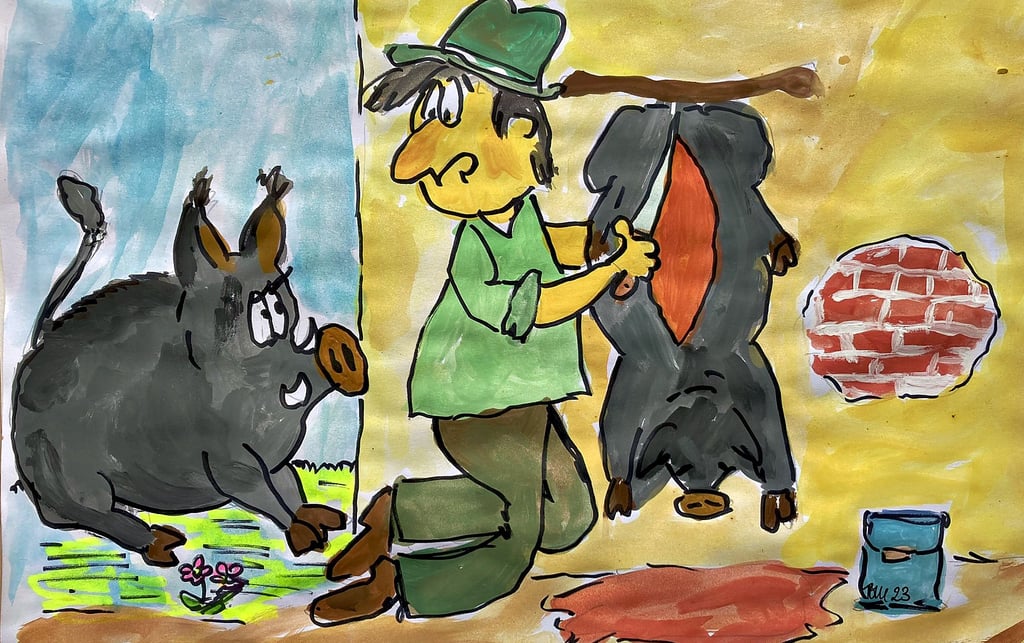 Als der Jäger in Lödderitz ein Wildschwein schlachtete, hatte er plötzlich einen Zuschauer, der das gar nicht lustig fand.