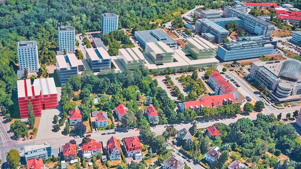 Die Fotomontage zeigt, wie sich die einzelnen Gebäude des Theoretikums in den Weinberg Campus integrieren sollen. Der Komplex würde sich in einem sanften Bogen vor den Hochhäusern mit den Studenten-Wohnheimen entlang ziehen.  