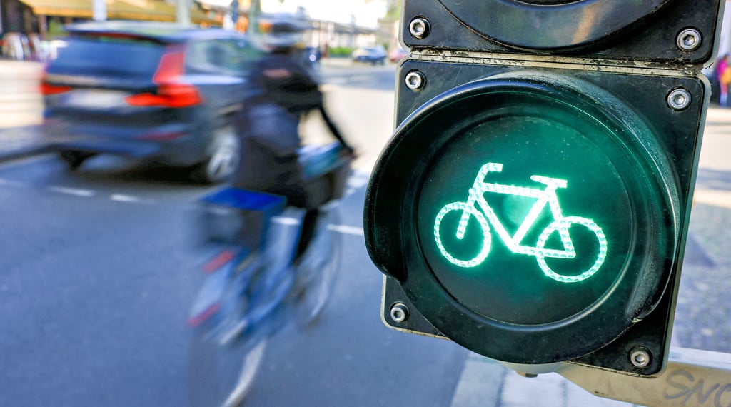Eine Radfahrerin fährt bei Grün über eine Fahrradampel. Bald soll es mehr sichere Radwege von Halberstadt nach Ströbeck und Langenstein geben.