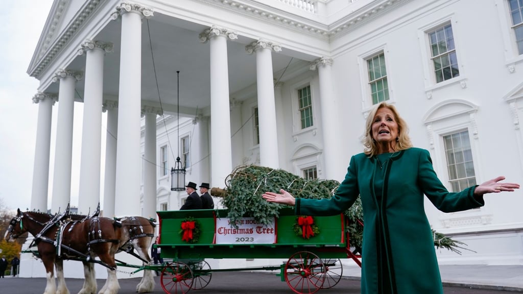 Jill Biden nimmt den offiziellen Weihnachtsbaum für das Weiße Haus in Empfang.
