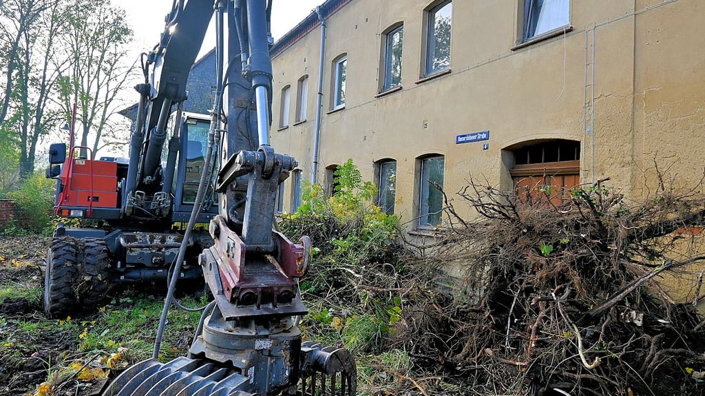Der Abrissbagger ist bereits angerückt, um die zugewucherte Fläche vor dem Haus zu bereinigen, befor es dann abgerissen wird.