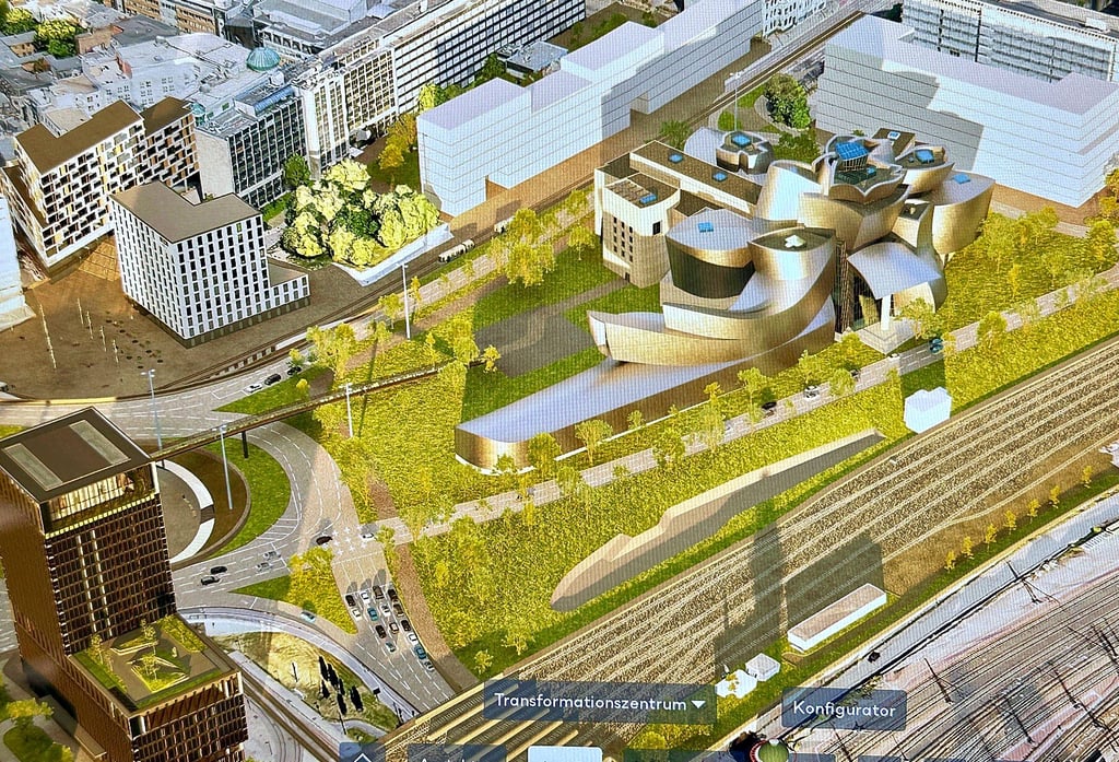 Dieser Ausschnitt aus der Visualisierung zeigt als Spielerei das Guggenheim-Museum auf dem Riebeckplatz. Die Darstellung gibt Betrachtern eine Orientierung, wie sie sich einen spektaktulären Bau dort vorstellen können. Das Zukunftszentrum soll spektakulär werden.