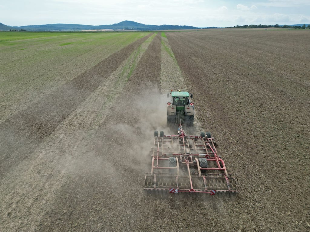 Ein Traktor lockert mit einer Egge den Boden auf einem Feld auf und wirbelt dabei eine Staubwolke auf.