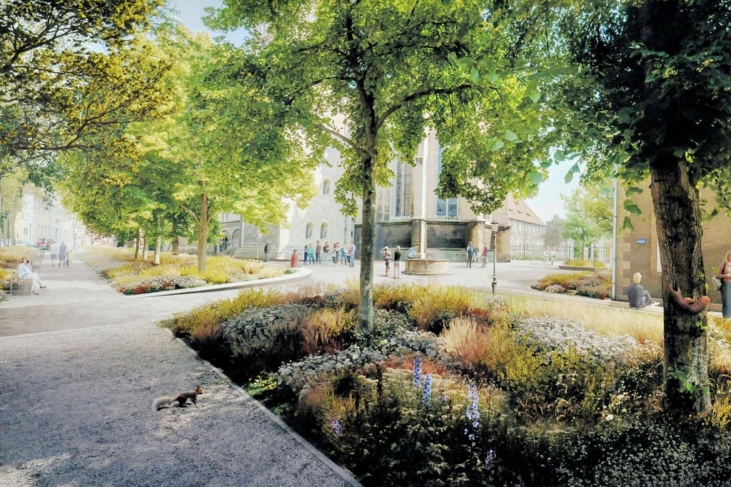 So stellen sich die Dresdner Landschaftsarchitekten den Platz am Westchor des Doms samt wiederbelebtem Brunnen vor.
