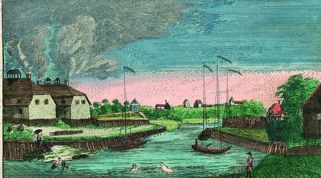 Die Hulbe, die ältesten Hafenanlagen Halles bei der heutigen Schieferbrücke, kolorierter Kupferstich von G. A. Liebe aus dem Jahr 1781.