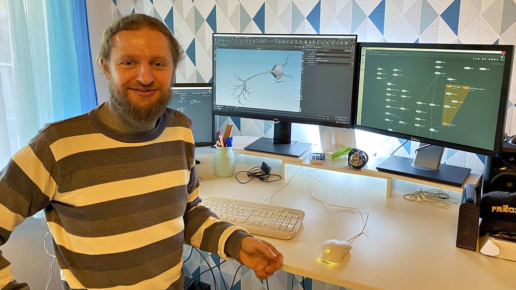 Hier entstehen die Videos von Thomas Schwenke. Mittels Knotenpunkten bilden sich Schritt für Schritt Animationen und einzelne Szenen, bis schließlich ein Video fertig ist.