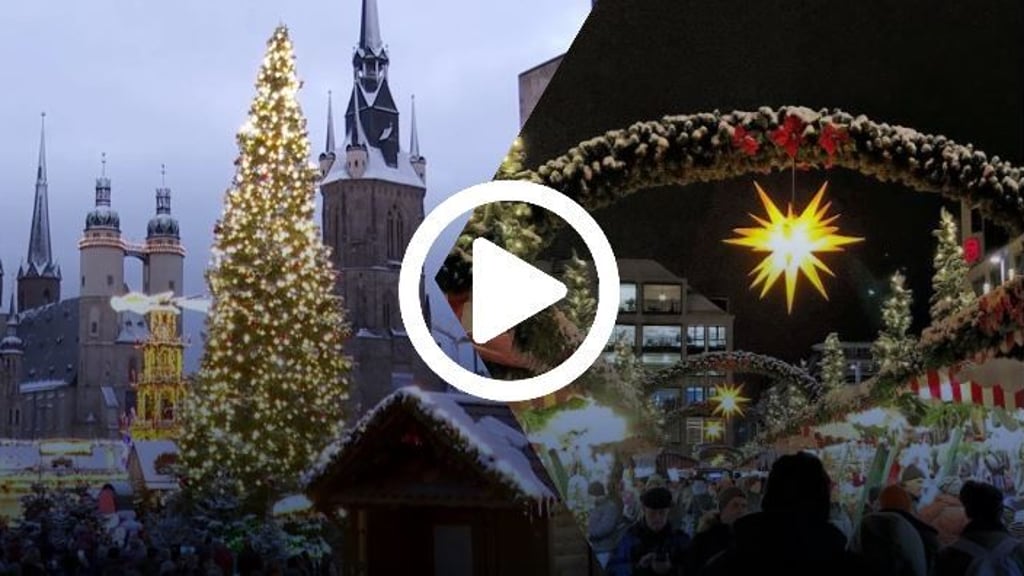Der Weihnachtsmarkt in Leipzig (rechts) ist abends besonders schön, wenn die Sterne die Wege beleuchten. Doch auch Halle kann mit seinem Ambiente punkten.