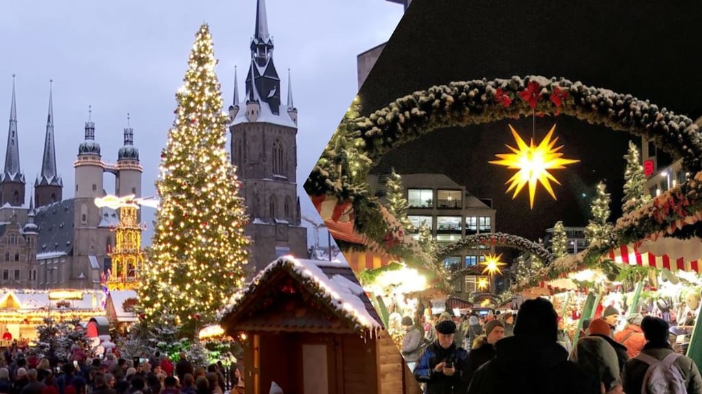 Der Weihnachtsmarkt in Leipzig (rechts) ist abends besonders schön, wenn die Sterne die Wege beleuchten. Doch auch Halle kann mit seinem Ambiente punkten.