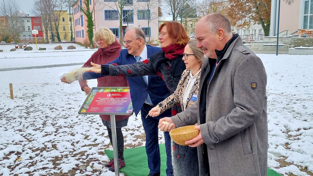 Anita Kirmer, Ministerpräsident Reiner Haseloff, Sabine Tischew , Annett Baasch und Hochschulpräsident Jörg Bagdahn streuen eine Blühwiese ein.