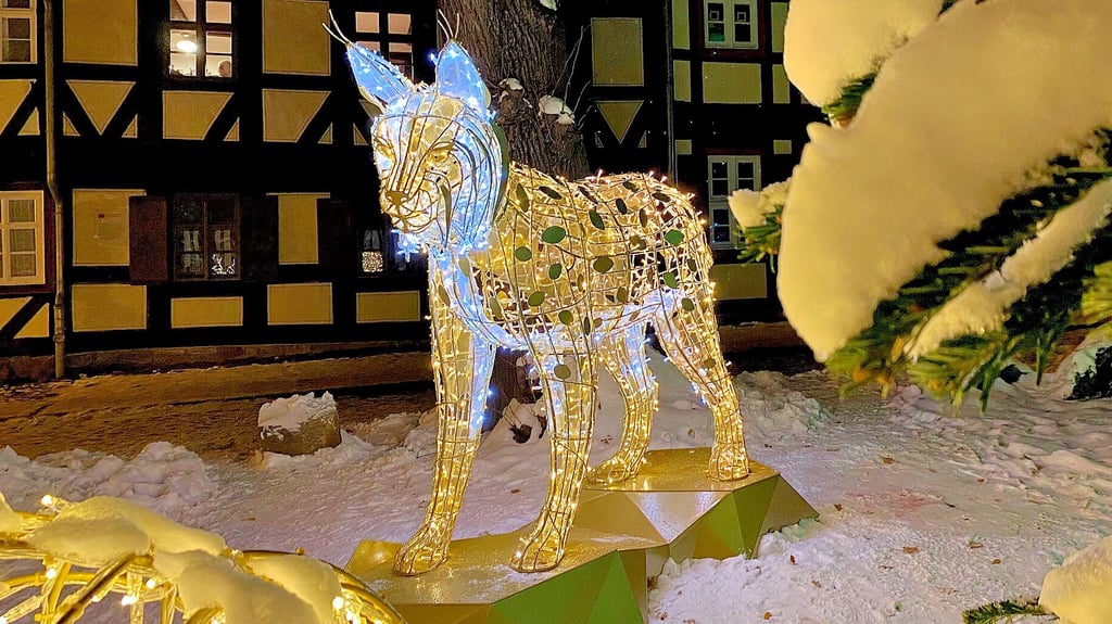 Ein Luchs gehört zu den neuen Hinguckern auf dem Wernigeröder Weihnachtsmarkt. Das LED-Tier gehört zu dem Ensemble an der Lichterkirche. Foto: Sandra Reulecke