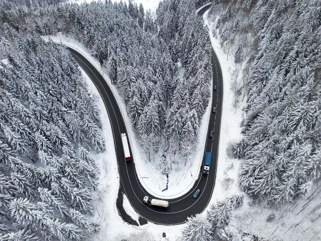 Autos fahren im winterlichen Harz über eine Straße, die durch den Wald führt.